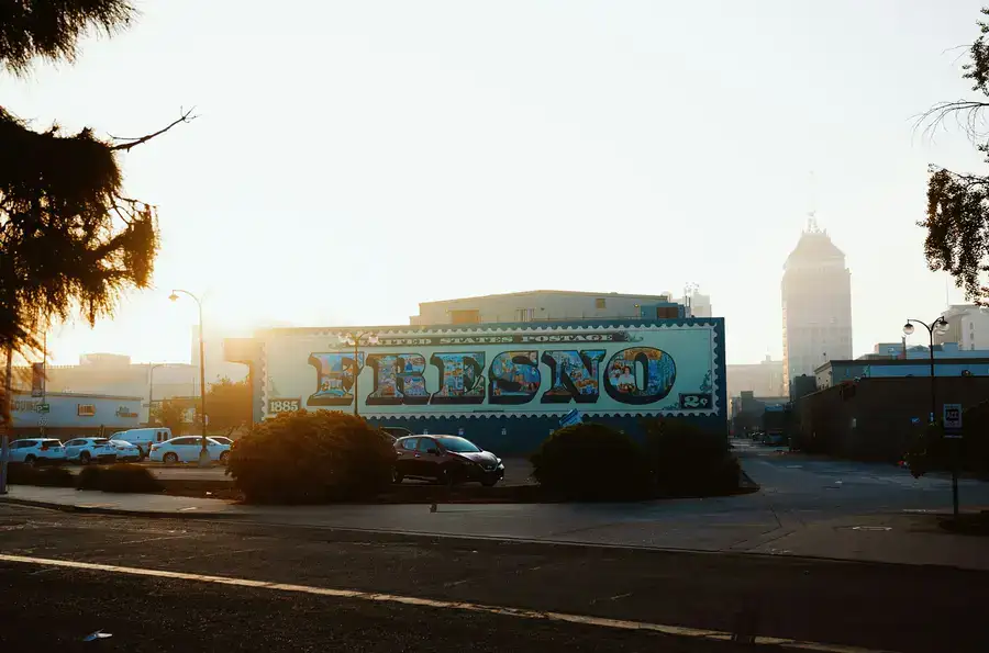  iconic "Greetings from Fresno" postcard mural, a well-known landmark in Fresno, California. 